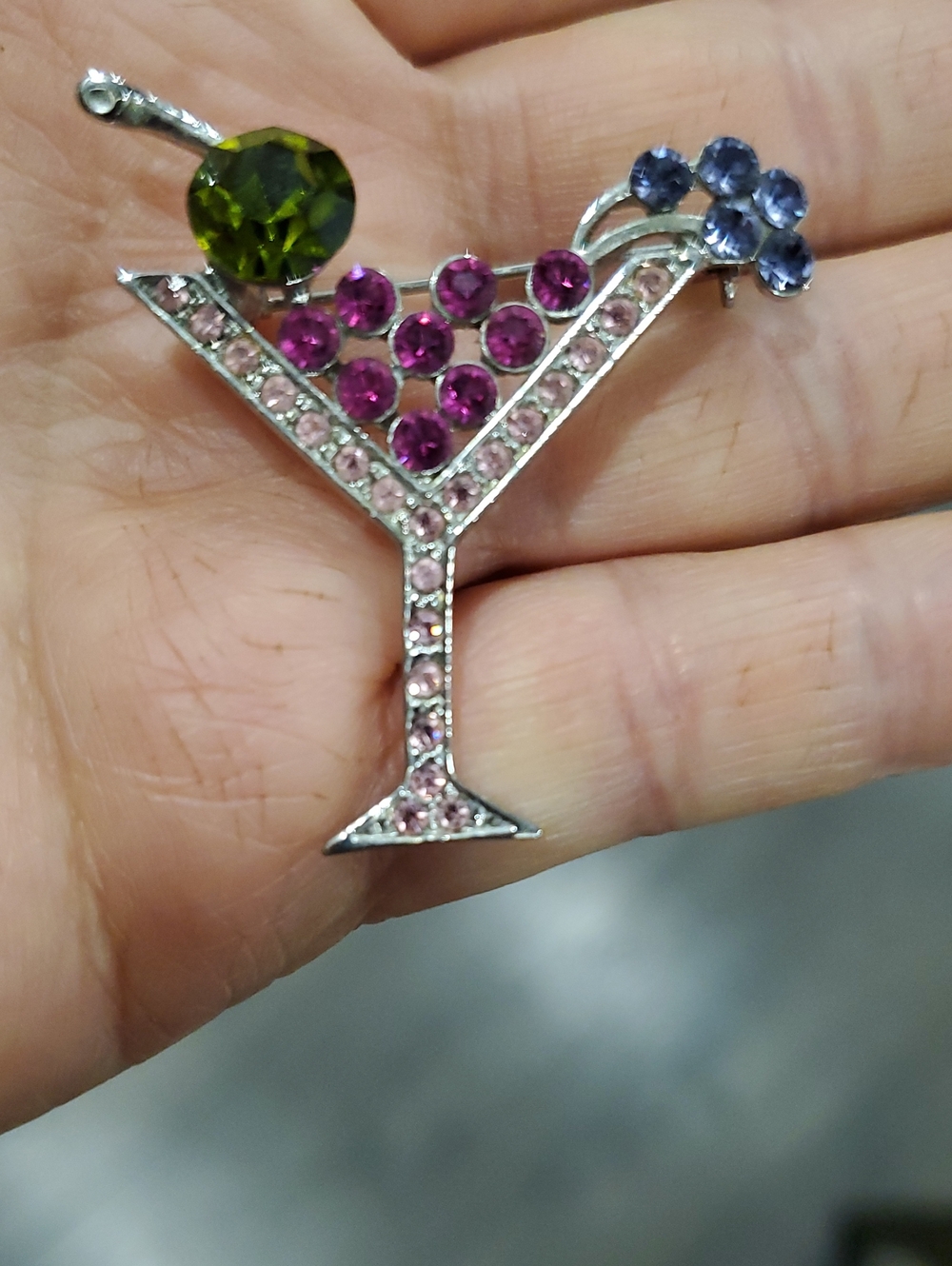 Crystal Martini Glass Brooch - Pink, Green & Purple